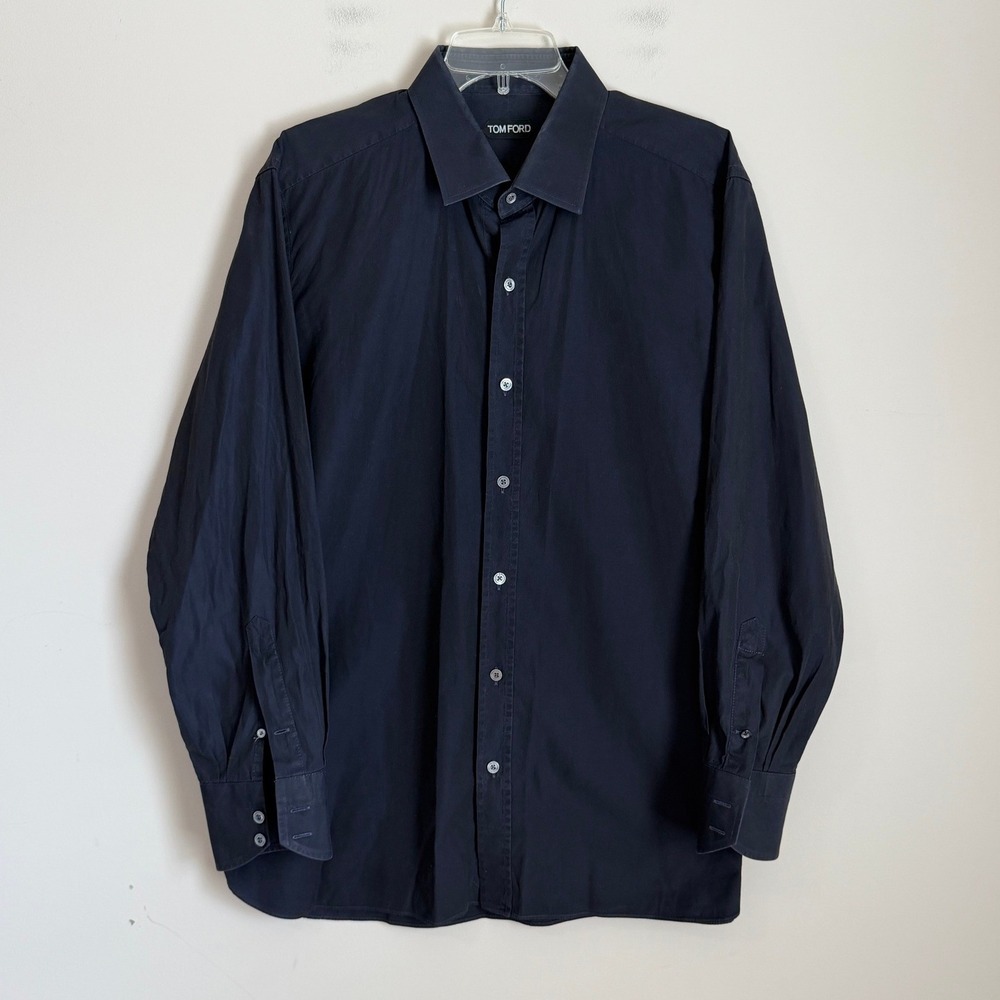 Tom Ford Dress Shirt Mens 44 / 17.5 Navy Cotton Button Down Italy